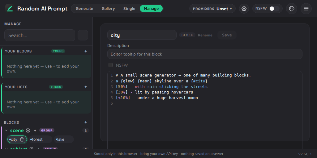 The content manager, editing a scene block written in DPL