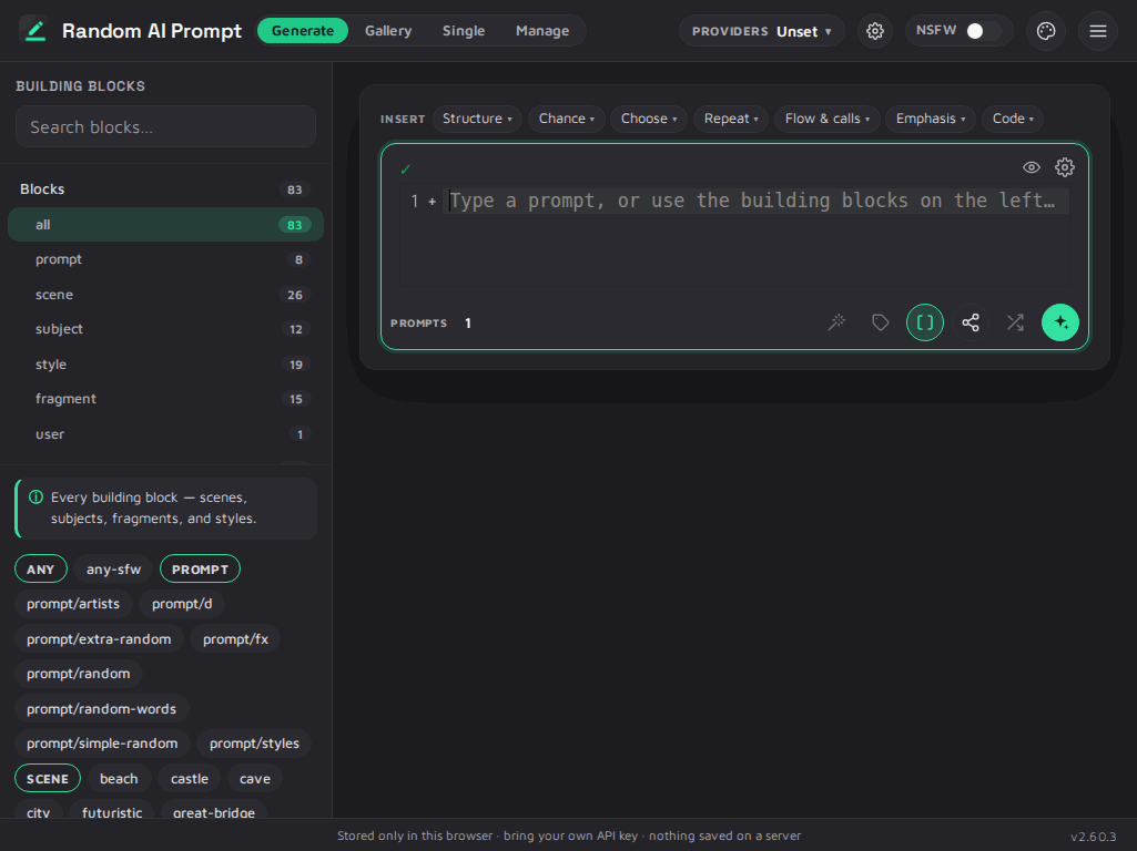 Composing a prompt from building blocks — typing block references into the prompt box