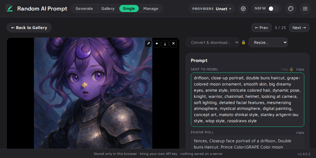 Random AI Prompt shown with a generated image, its prompt, and the DPL source
